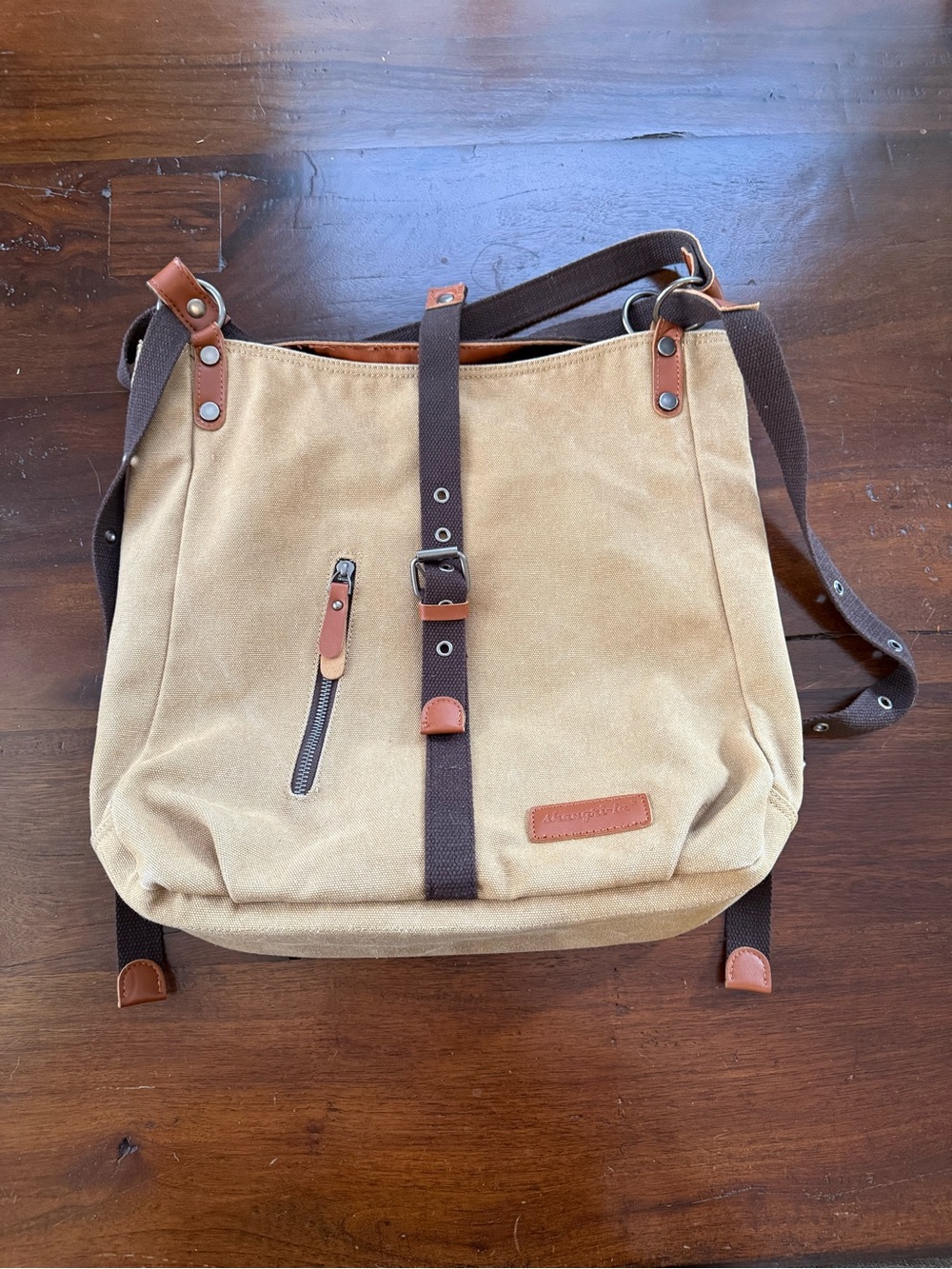 Canvas Tote Shoulder Bag in Tan with Brown Trim - Picture 3 of 8